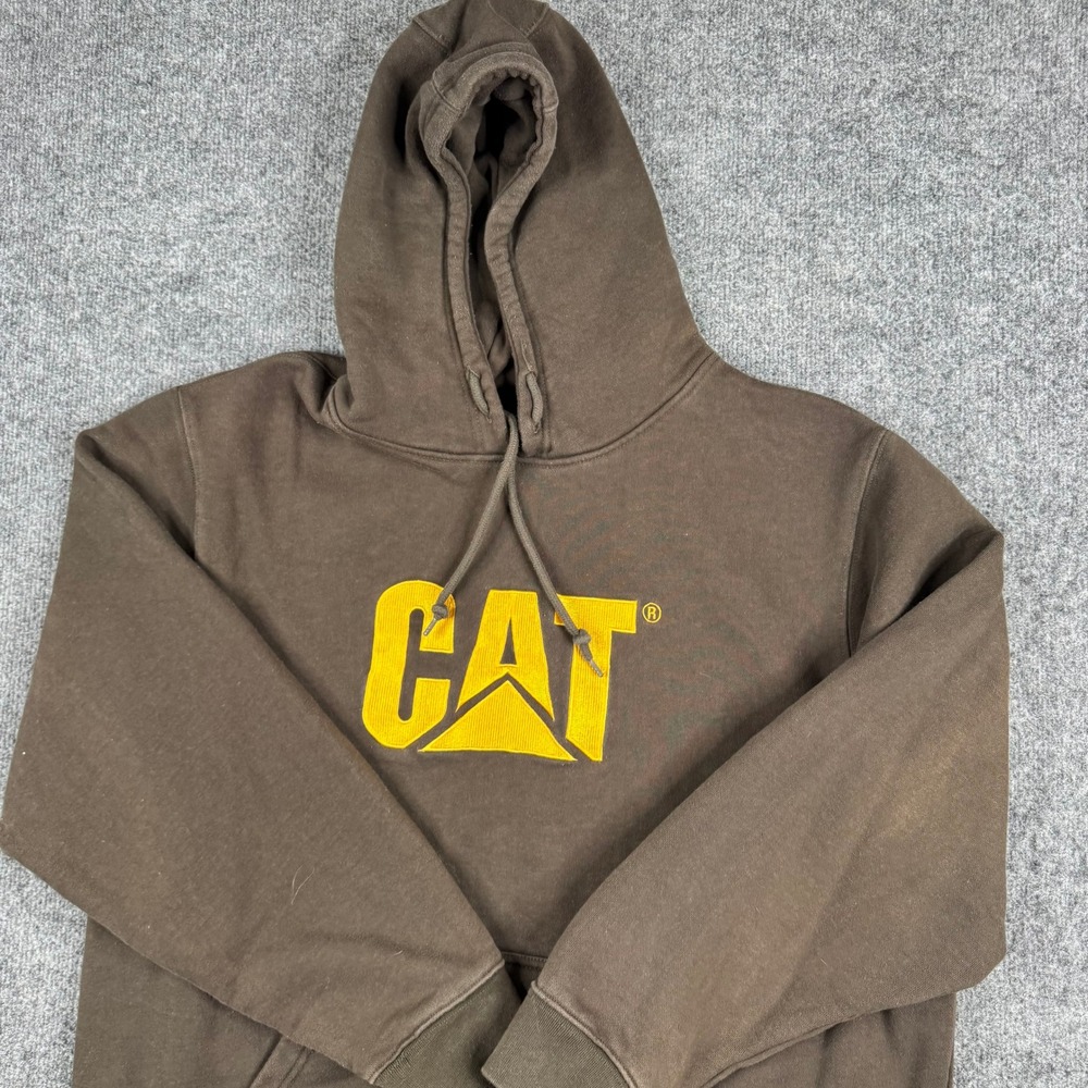 Caterpillar Hoodie Mens Size XXL Brown Yellow Logo Pullover Workwear Casual